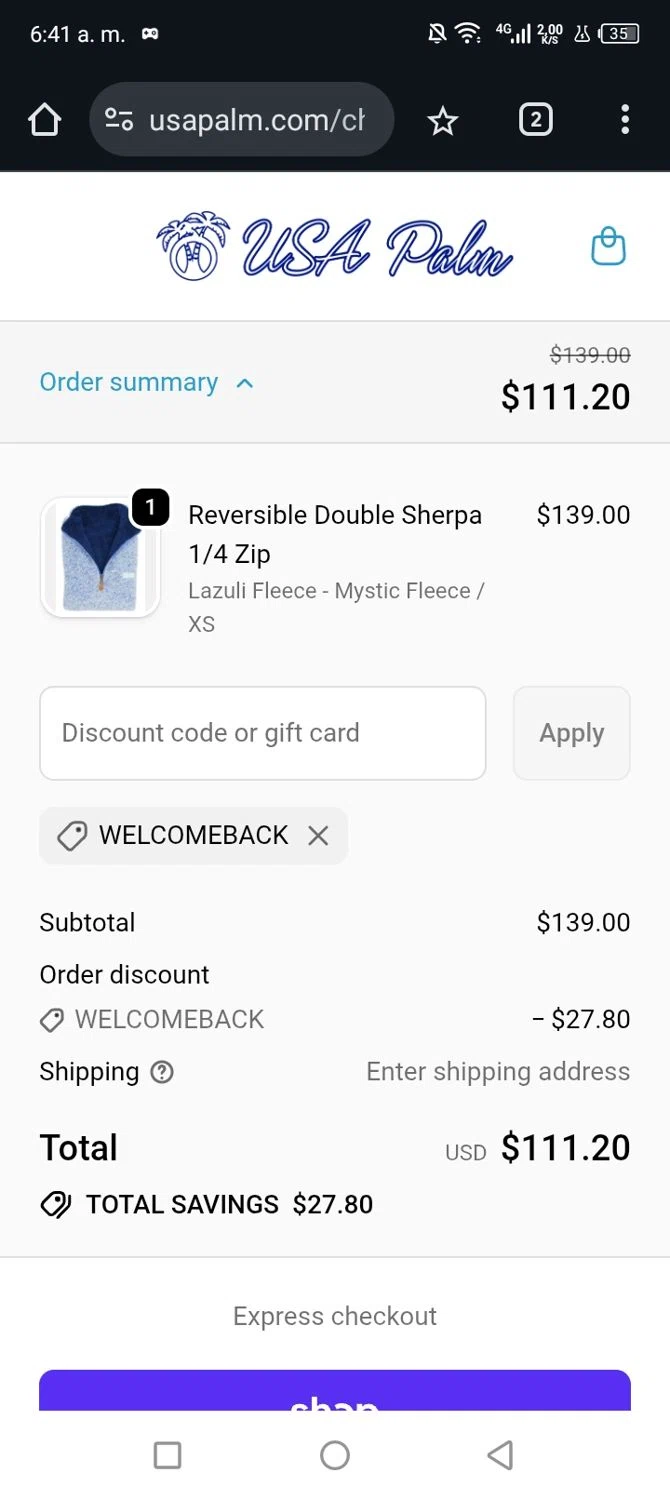 USA Palm discount code screenshot showing code Welcomeback applied at USA Palm checkout page. Uploaded by SimplyCodes community member Junniorduno on Dec 4, 2025