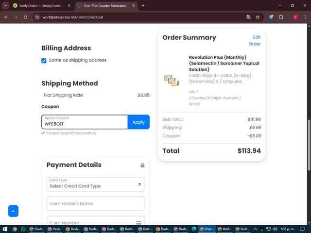 World Pet Express checkout page showing World Pet Express coupon code box | Screenshot taken by SimplyCodes community member on Jun 27, 2025