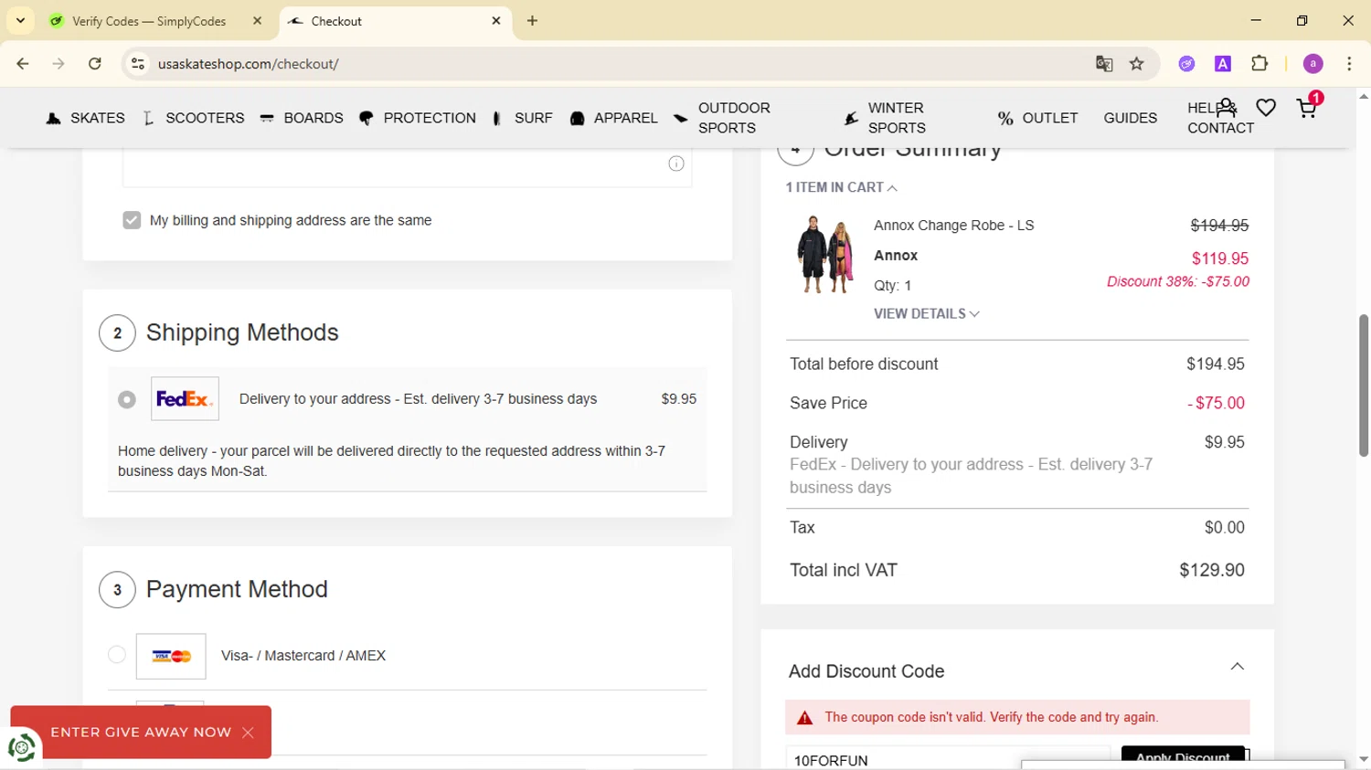USA SkateShop discount code screenshot showing code 10FORFUN applied at USA SkateShop checkout page. Uploaded by SimplyCodes community member CodeMaverick246 on Nov 18, 2025