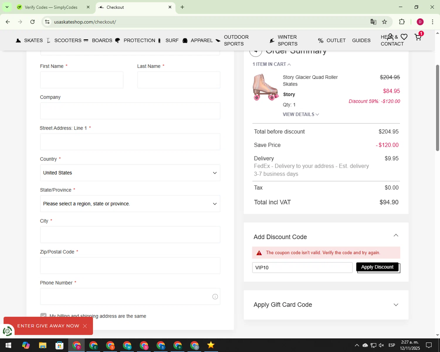 USA SkateShop discount code screenshot showing code VIP10 applied at USA SkateShop checkout page. Uploaded by SimplyCodes community member 000012 on Nov 12, 2025
