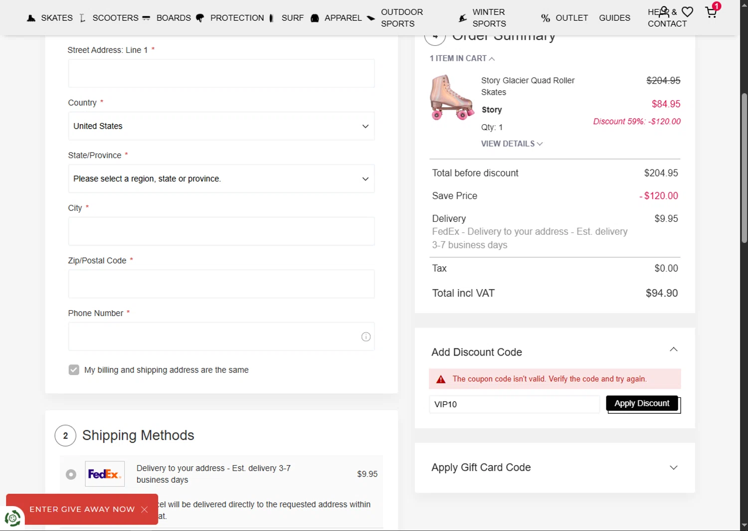 USA SkateShop discount code screenshot showing code VIP10 applied at USA SkateShop checkout page. Uploaded by SimplyCodes community member MagnificentFalcon188 on Nov 12, 2025