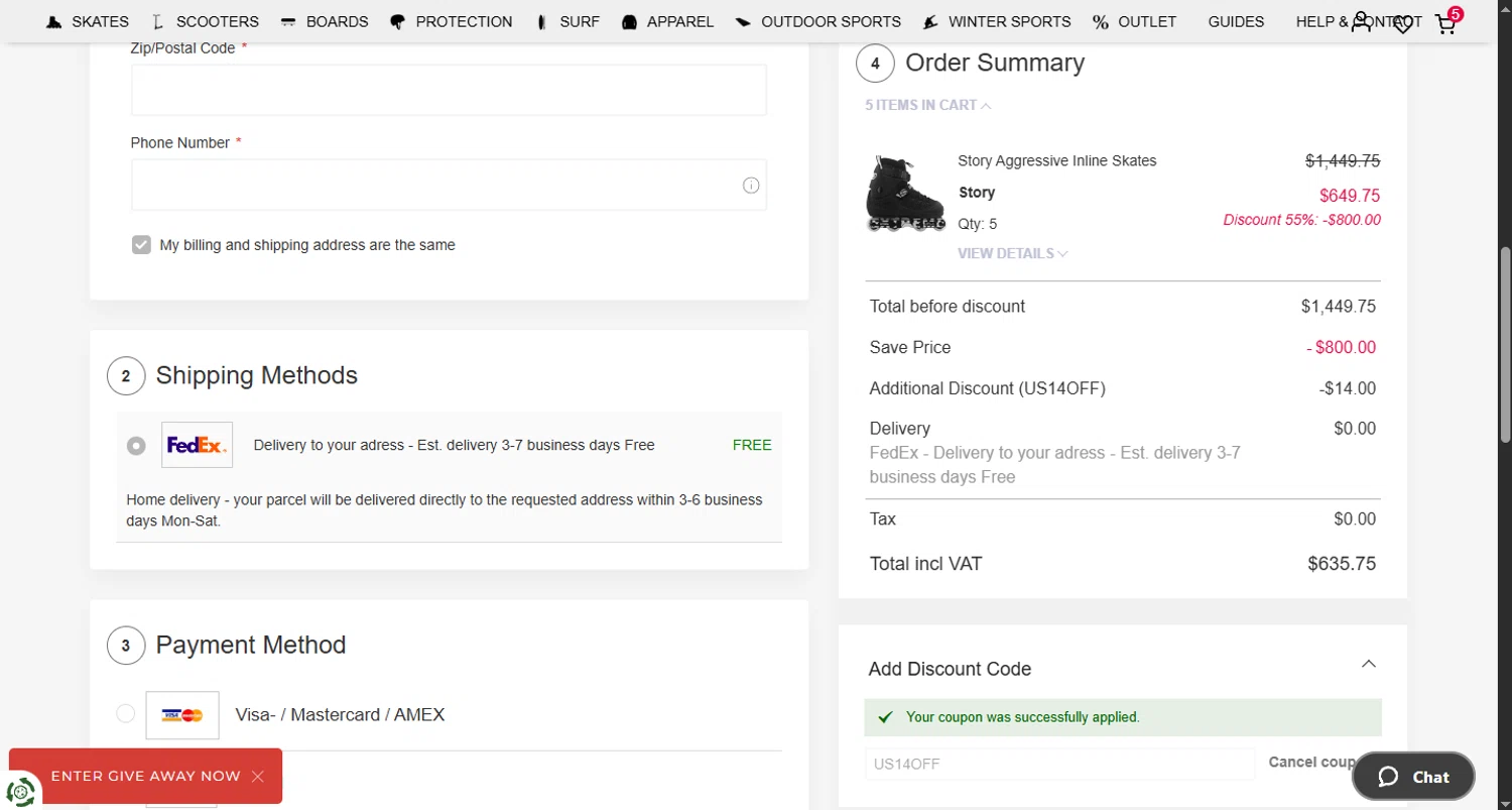 USA SkateShop discount code screenshot showing code US14OFF applied at USA SkateShop checkout page. Uploaded by SimplyCodes community member CouponHero3179 on Jun 23, 2025