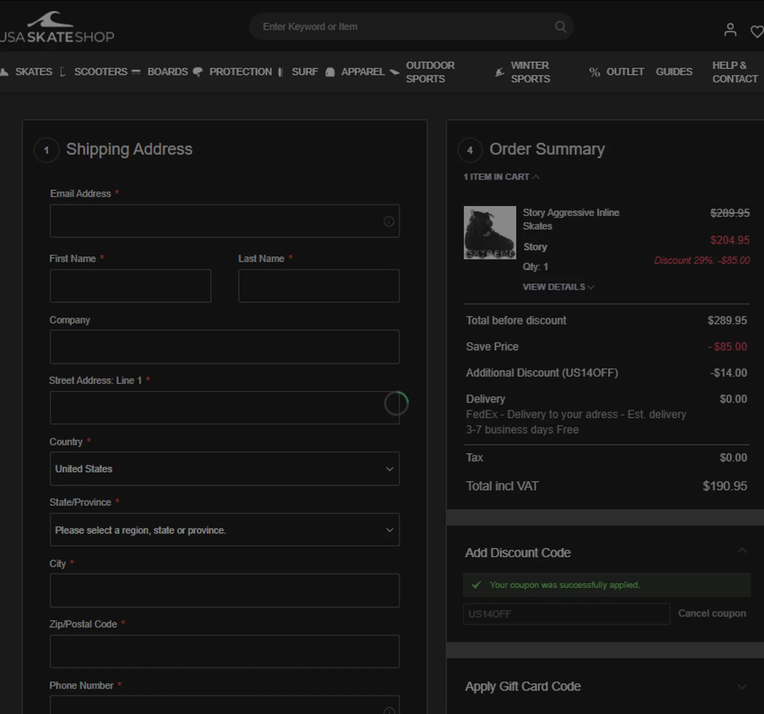 USA SkateShop checkout page showing USA SkateShop discount code box | Screenshot taken by SimplyCodes community member on May 11, 2025