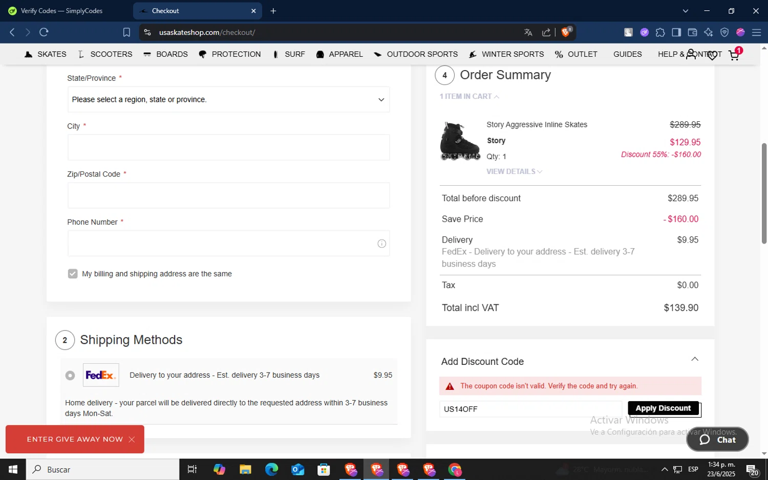 USA SkateShop discount code screenshot showing code US14OFF applied at USA SkateShop checkout page. Uploaded by SimplyCodes community member TokenSaver1205 on Jun 23, 2025