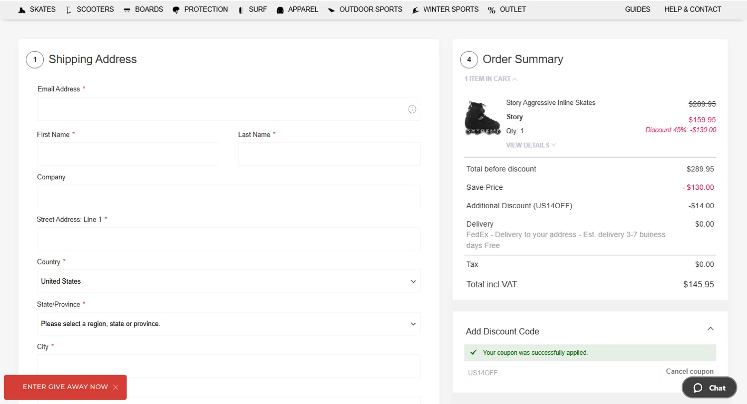 USA SkateShop checkout page showing USA SkateShop discount code box | Screenshot taken by SimplyCodes community member on May 18, 2025