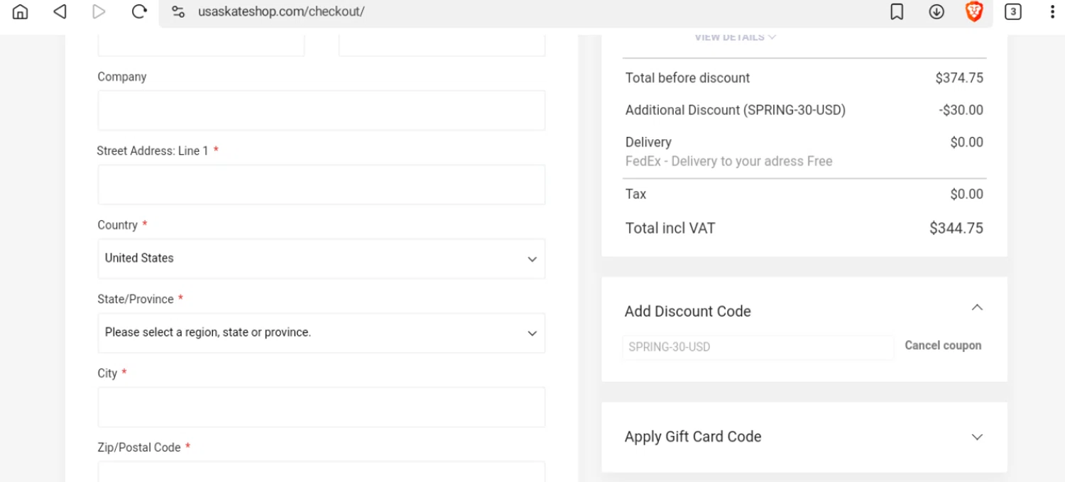 USA SkateShop checkout page showing USA SkateShop discount code box | Screenshot taken by SimplyCodes community member on Mar 8, 2025