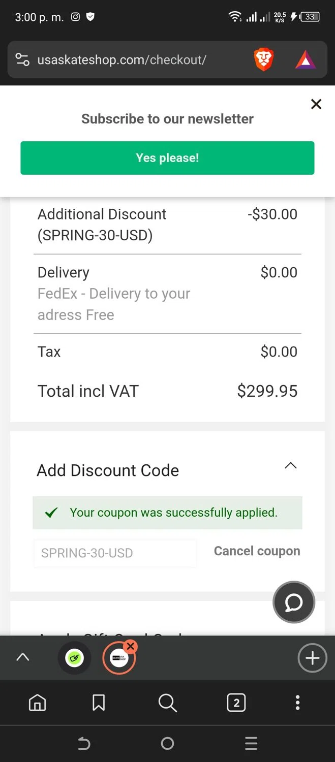 USA SkateShop checkout page showing USA SkateShop discount code box | Screenshot taken by SimplyCodes community member on Mar 8, 2025