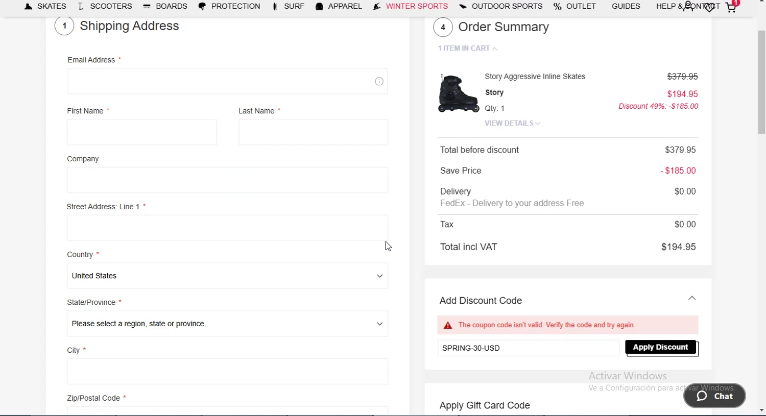 USA SkateShop discount code screenshot showing code SPRING-30-USD applied at USA SkateShop checkout page. Uploaded by SimplyCodes community member godgod on Mar 15, 2025