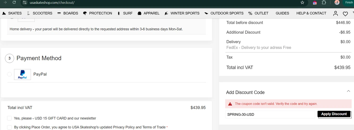 USA SkateShop discount code screenshot showing code SPRING-30-USD applied at USA SkateShop checkout page. Uploaded by SimplyCodes community member enzoonova on Mar 15, 2025