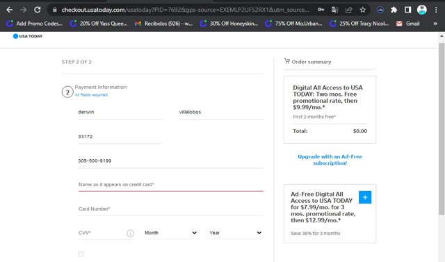 USA TODAY checkout page showing USA TODAY promo code box | Screenshot taken by SimplyCodes community member on Mar 29, 2022