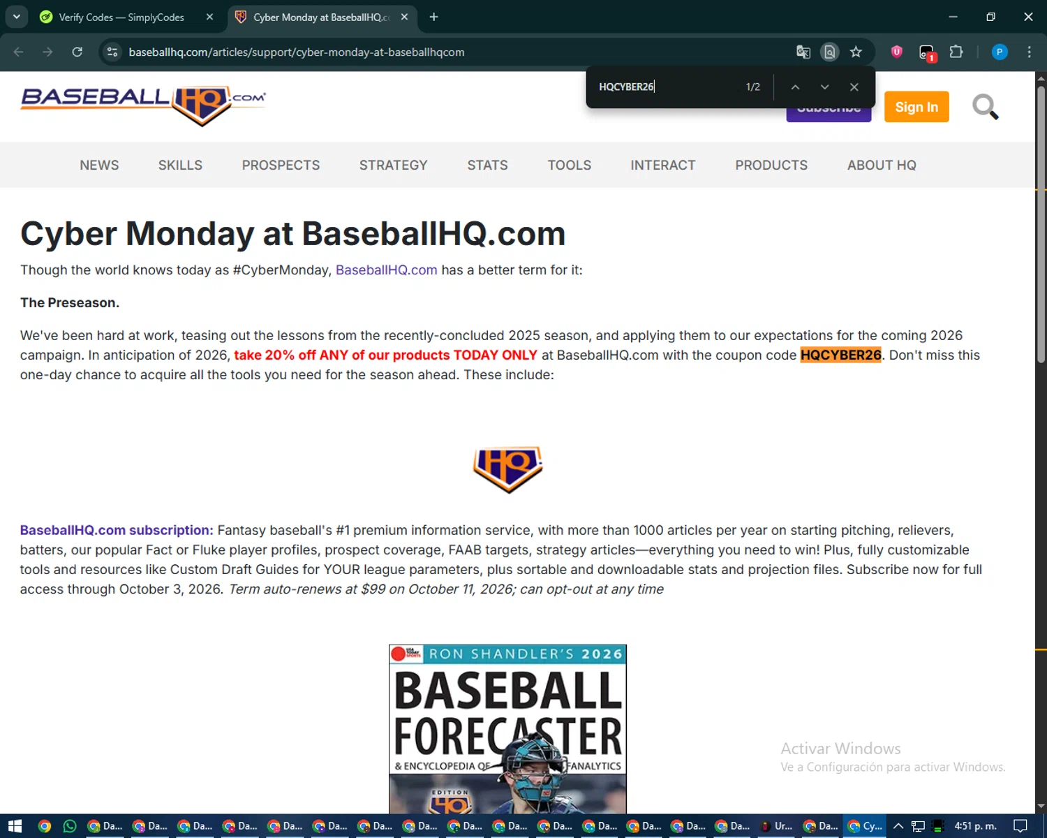 Baseball HQ promo code screenshot showing code HQCYBER26 applied at Baseball HQ checkout page. Uploaded by SimplyCodes community member juiceWRLD on Jan 26, 2026