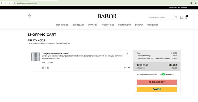 BABOR checkout page showing BABOR coupon code box | Screenshot taken by SimplyCodes community member on Aug 25, 2025