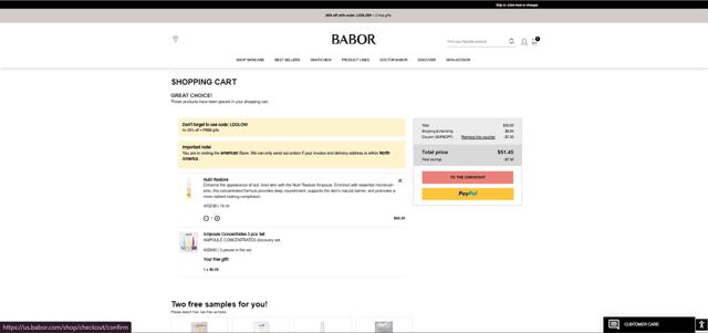 BABOR checkout page showing BABOR coupon code box | Screenshot taken by SimplyCodes community member on Sep 1, 2025