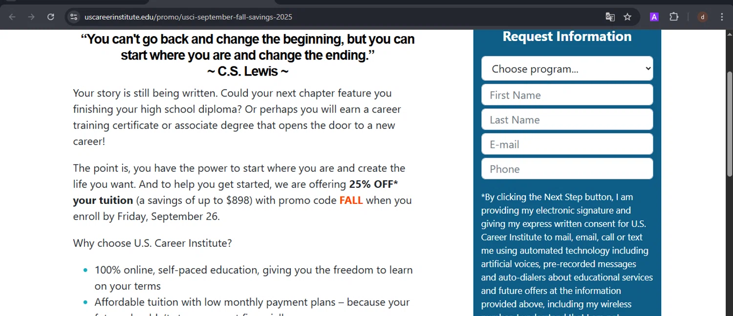 U.S. Career Institute checkout page showing U.S. Career Institute promo code box | Screenshot taken by SimplyCodes community member on Sep 22, 2025