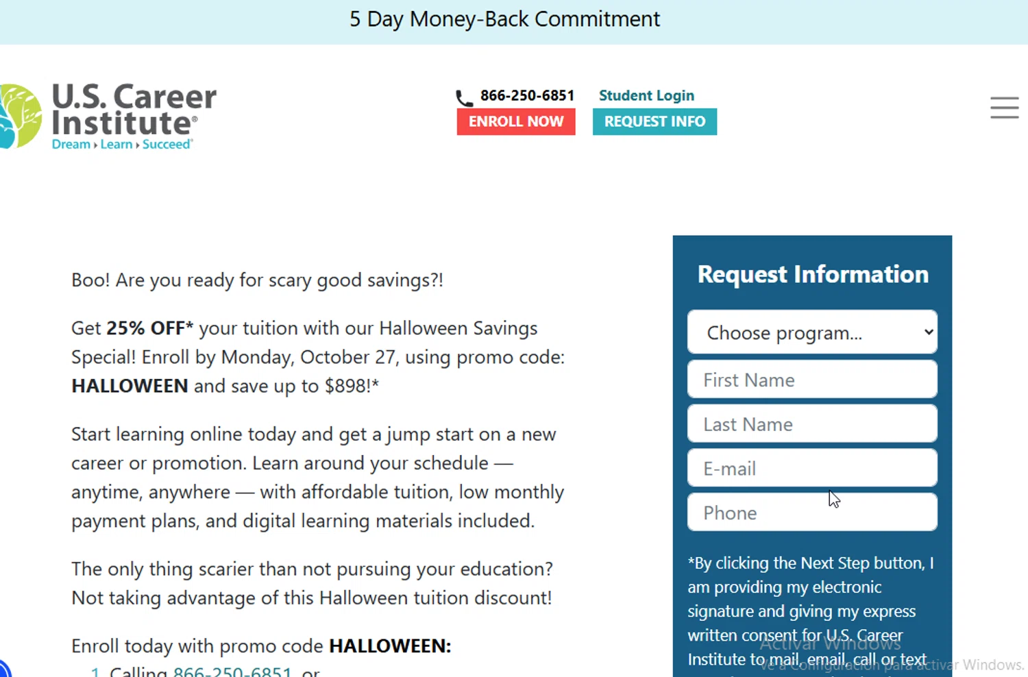 U.S. Career Institute checkout page showing U.S. Career Institute promo code box | Screenshot taken by SimplyCodes community member on Oct 20, 2025