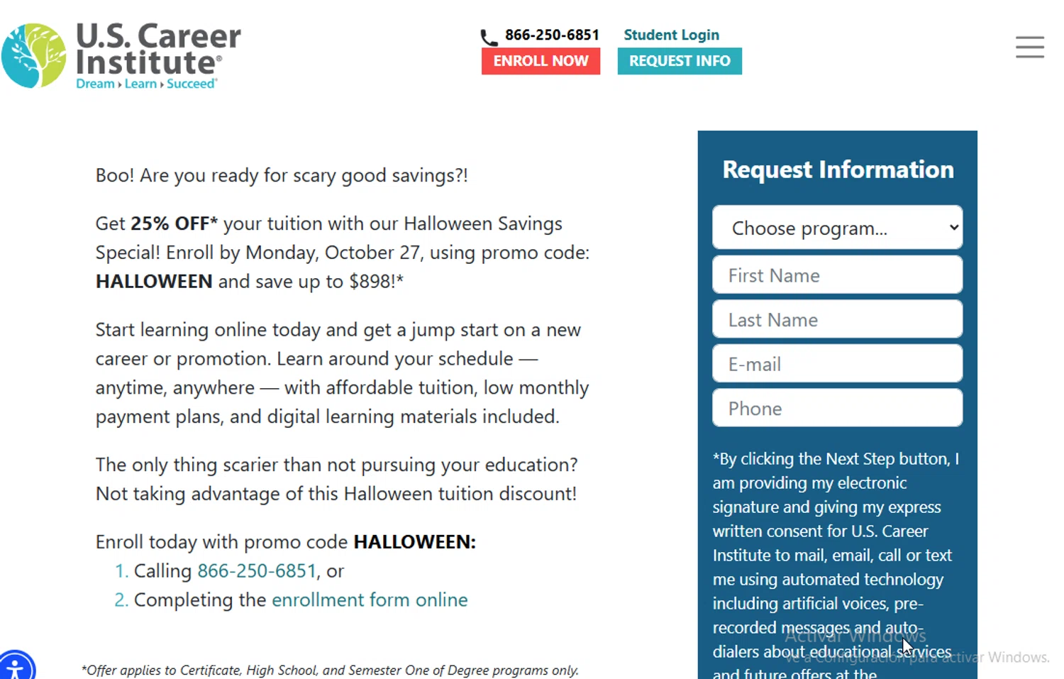 U.S. Career Institute checkout page showing U.S. Career Institute promo code box | Screenshot taken by SimplyCodes community member on Oct 31, 2025