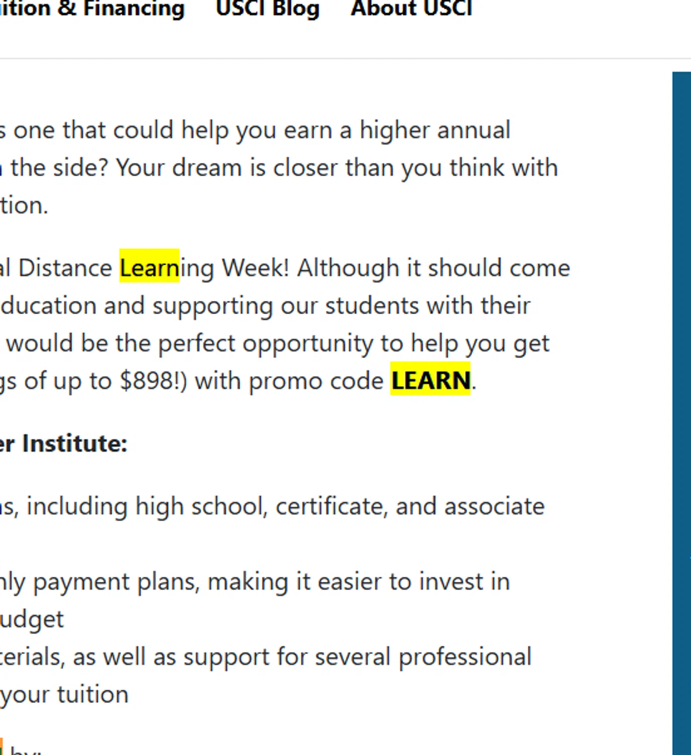 U.S. Career Institute promo code screenshot showing code LEARN applied at U.S. Career Institute checkout page. Uploaded by SimplyCodes community member TULA515 on Nov 13, 2025