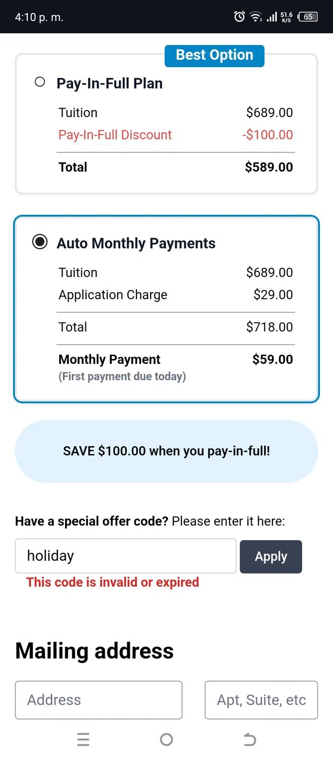 U.S. Career Institute promo code screenshot showing code holiday applied at U.S. Career Institute checkout page. Uploaded by SimplyCodes community member jorgeston on Feb 26, 2025
