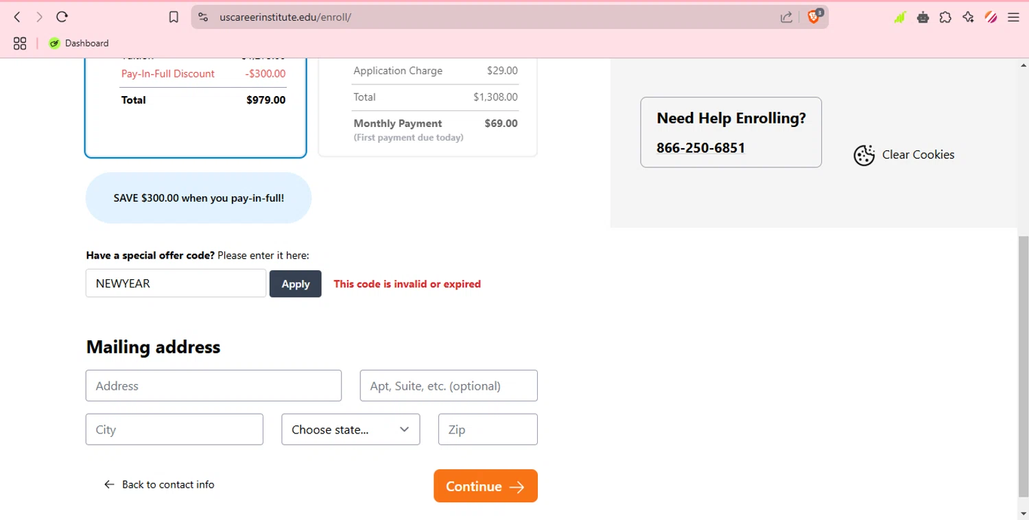 U.S. Career Institute promo code screenshot showing code NEWYEAR applied at U.S. Career Institute checkout page. Uploaded by SimplyCodes community member Biancapoli on Feb 12, 2025