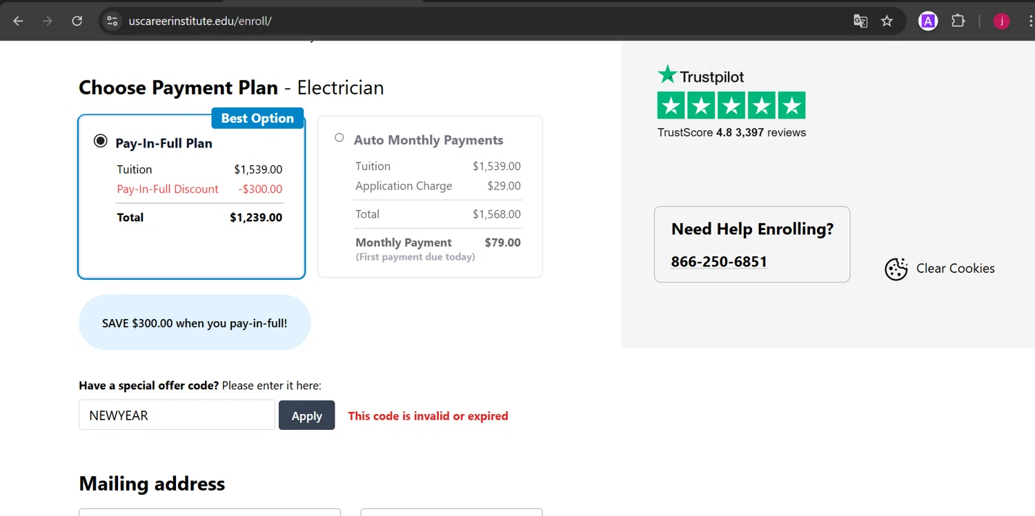 U.S. Career Institute promo code screenshot showing code NEWYEAR applied at U.S. Career Institute checkout page. Uploaded by SimplyCodes community member DiaCritics on Jan 16, 2025