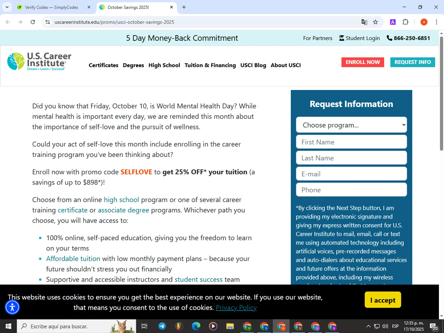 U.S. Career Institute checkout page showing U.S. Career Institute promo code box | Screenshot taken by SimplyCodes community member on Oct 17, 2025