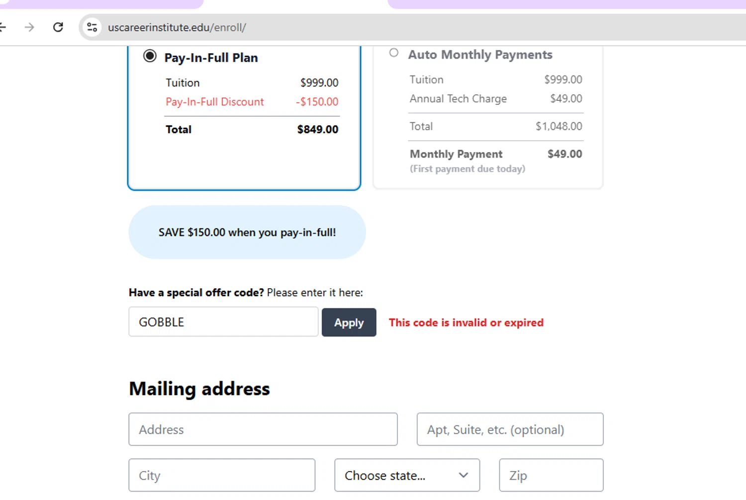 U.S. Career Institute promo code screenshot showing code GOBBLE applied at U.S. Career Institute checkout page. Uploaded by SimplyCodes community member CodeMaven2856 on Dec 4, 2025