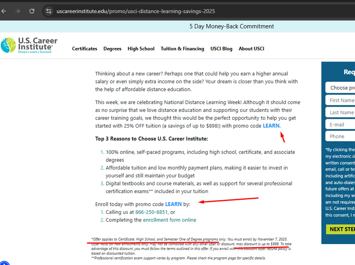 U.S. Career Institute promo code screenshot showing code LEARN applied at U.S. Career Institute checkout page. Uploaded by SimplyCodes community member argenygalvez on Nov 3, 2025