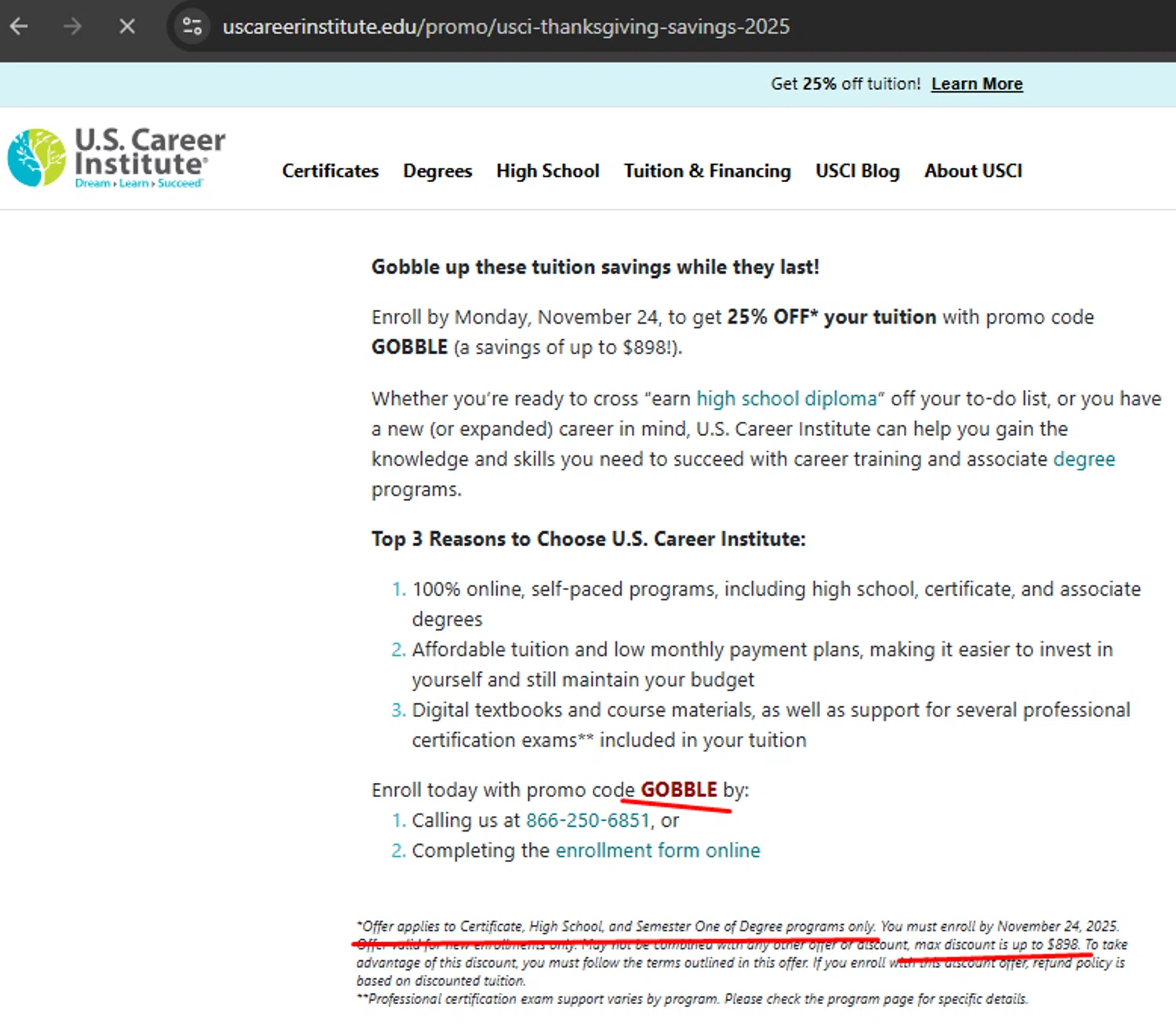 U.S. Career Institute promo code screenshot showing code GOBBLE applied at U.S. Career Institute checkout page. Uploaded by SimplyCodes community member argenygalvez on Nov 17, 2025