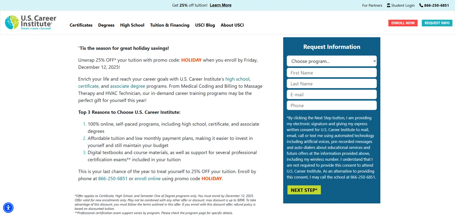U.S. Career Institute promo code screenshot showing code HOLIDAY applied at U.S. Career Institute checkout page. Uploaded by SimplyCodes community member ivantorres on Dec 5, 2025