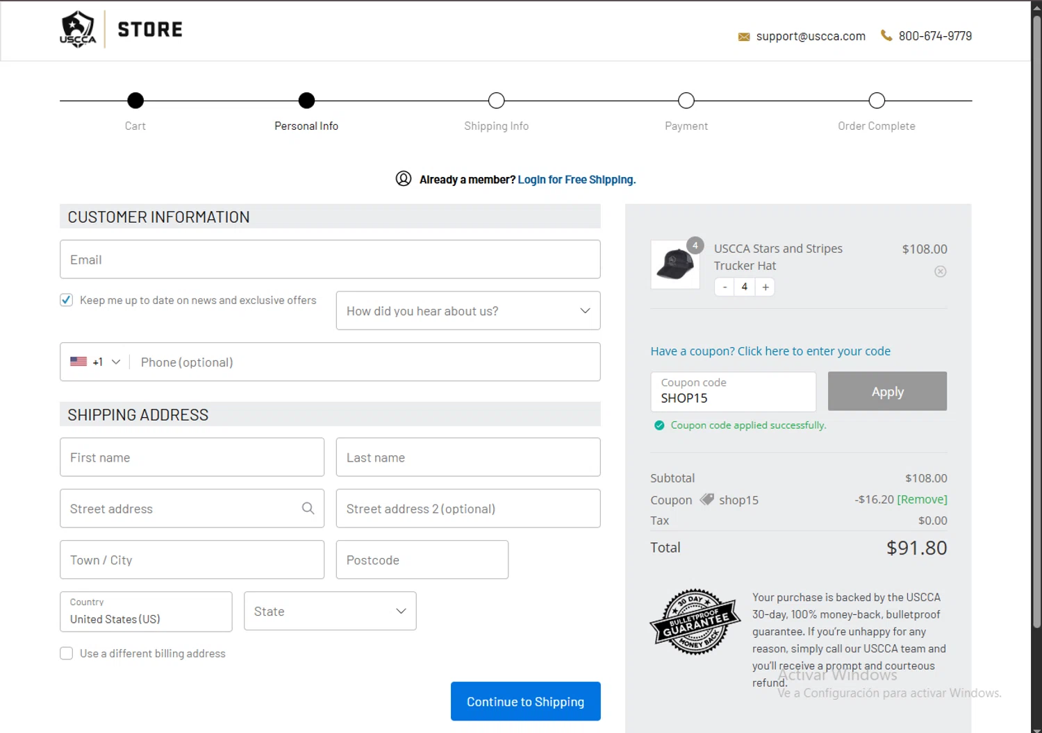 USCCA coupon code screenshot showing code SHOP15 applied at USCCA checkout page. Uploaded by SimplyCodes community member VoucherRanger9105 on Jul 24, 2025