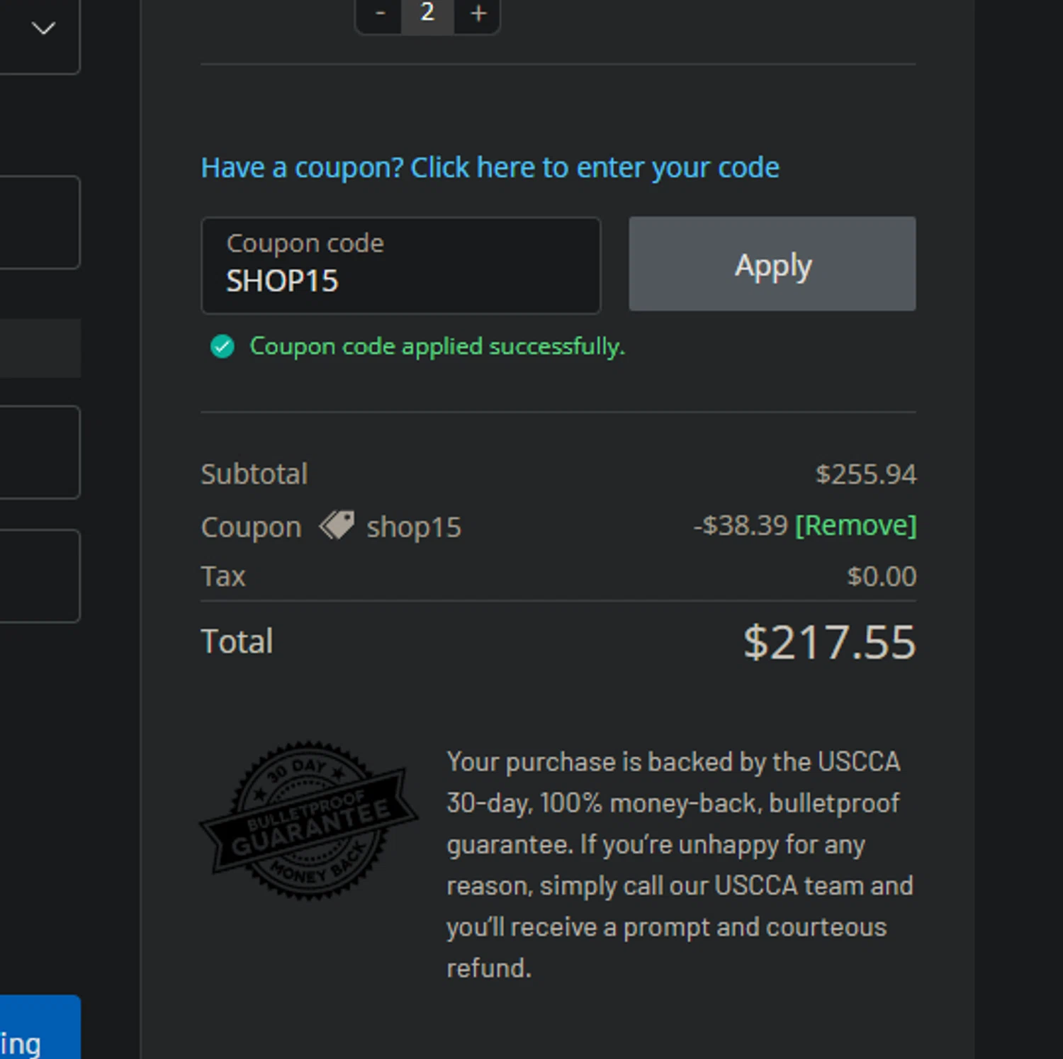 USCCA coupon code screenshot showing code SHOP15 applied at USCCA checkout page. Uploaded by SimplyCodes community member jaimitoalcachofa on Nov 16, 2025