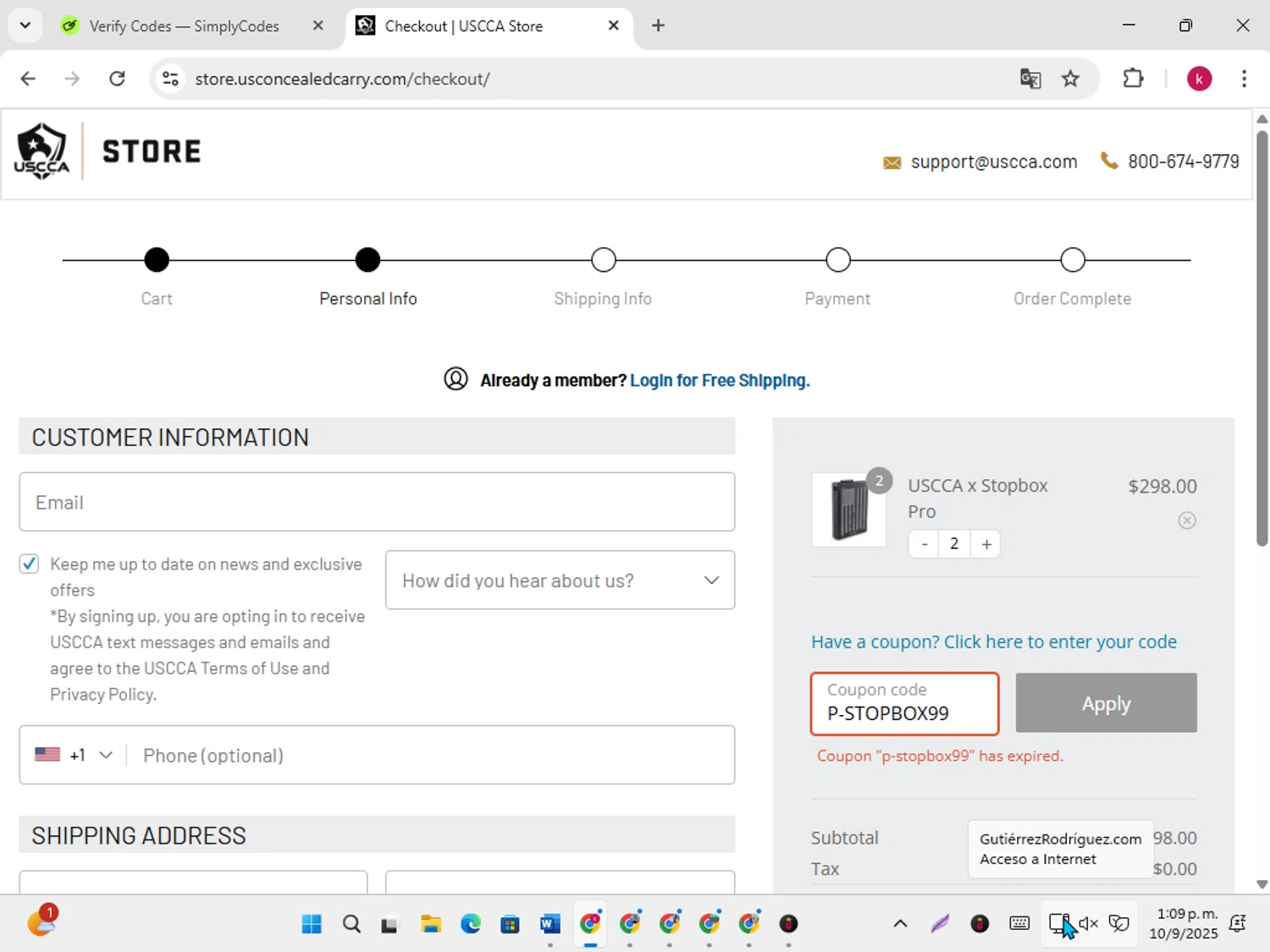 USCCA coupon code screenshot showing code P-STOPBOX99 applied at USCCA checkout page. Uploaded by SimplyCodes community member karoline on Sep 10, 2025