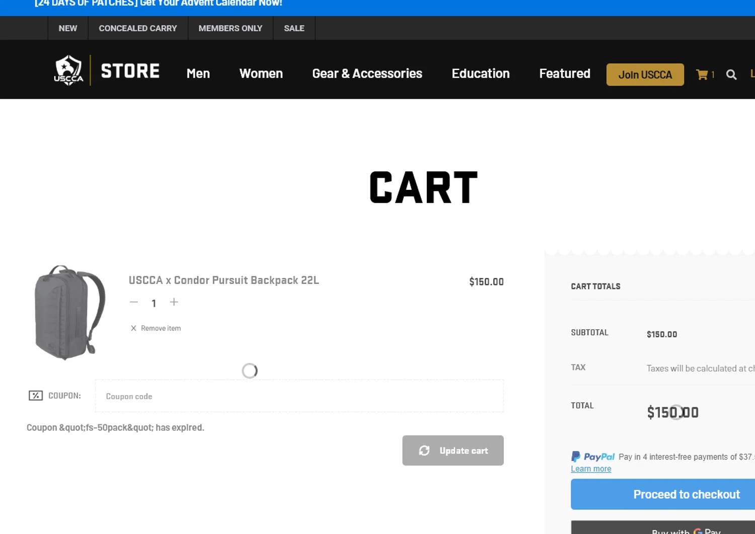 USCCA coupon code screenshot showing code FS-50PACK applied at USCCA checkout page. Uploaded by SimplyCodes community member Sethrollins on Nov 14, 2025