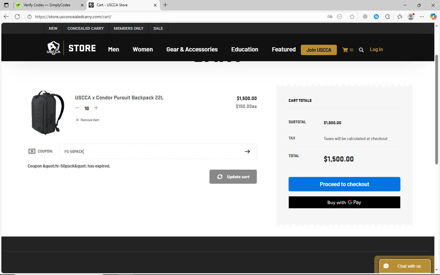 USCCA coupon code screenshot showing code FS-50PACK applied at USCCA checkout page. Uploaded by SimplyCodes community member jechtff10 on Nov 14, 2025