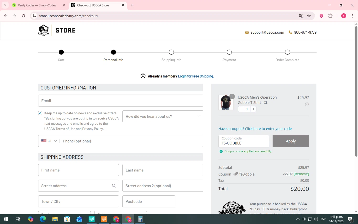 USCCA checkout page showing USCCA coupon code box | Screenshot taken by SimplyCodes community member on Nov 14, 2025