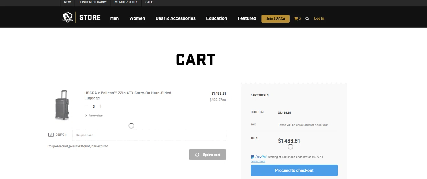 USCCA promo code screenshot showing code P-USA20 applied at USCCA checkout page. Uploaded by SimplyCodes community member Billyyou on Jan 6, 2026