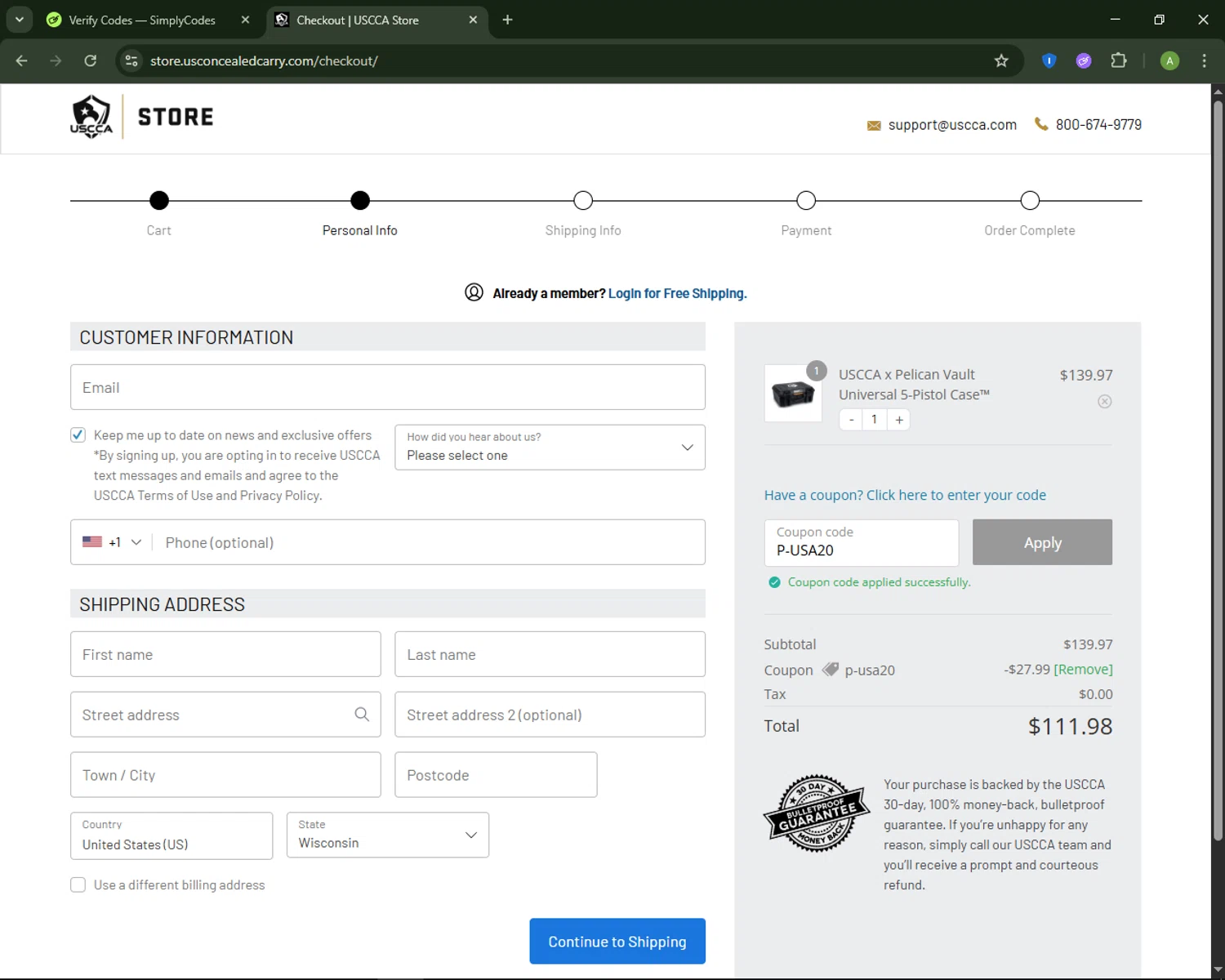 USCCA checkout page showing USCCA coupon code box | Screenshot taken by SimplyCodes community member on Dec 8, 2025