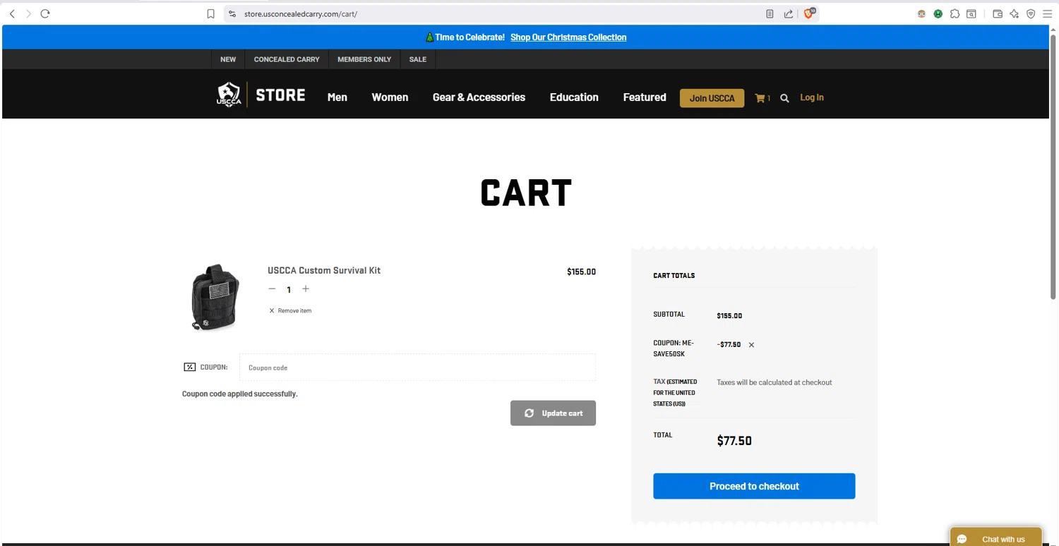 USCCA checkout page showing USCCA coupon code box | Screenshot taken by SimplyCodes community member on Jan 2, 2026