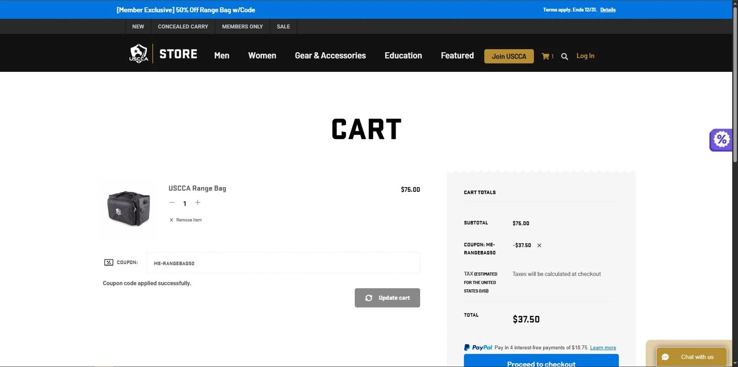 USCCA promo code screenshot showing code ME-RANGEBAG50 applied at USCCA checkout page. Uploaded by SimplyCodes community member Depressive on Dec 16, 2025