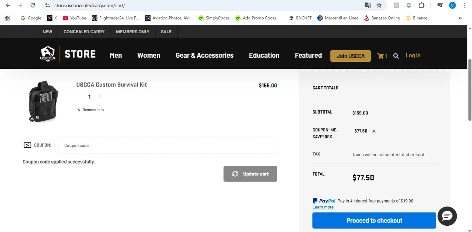USCCA promo code screenshot showing code ME-SAVE50SK applied at USCCA checkout page. Uploaded by SimplyCodes community member victor on Jan 31, 2026
