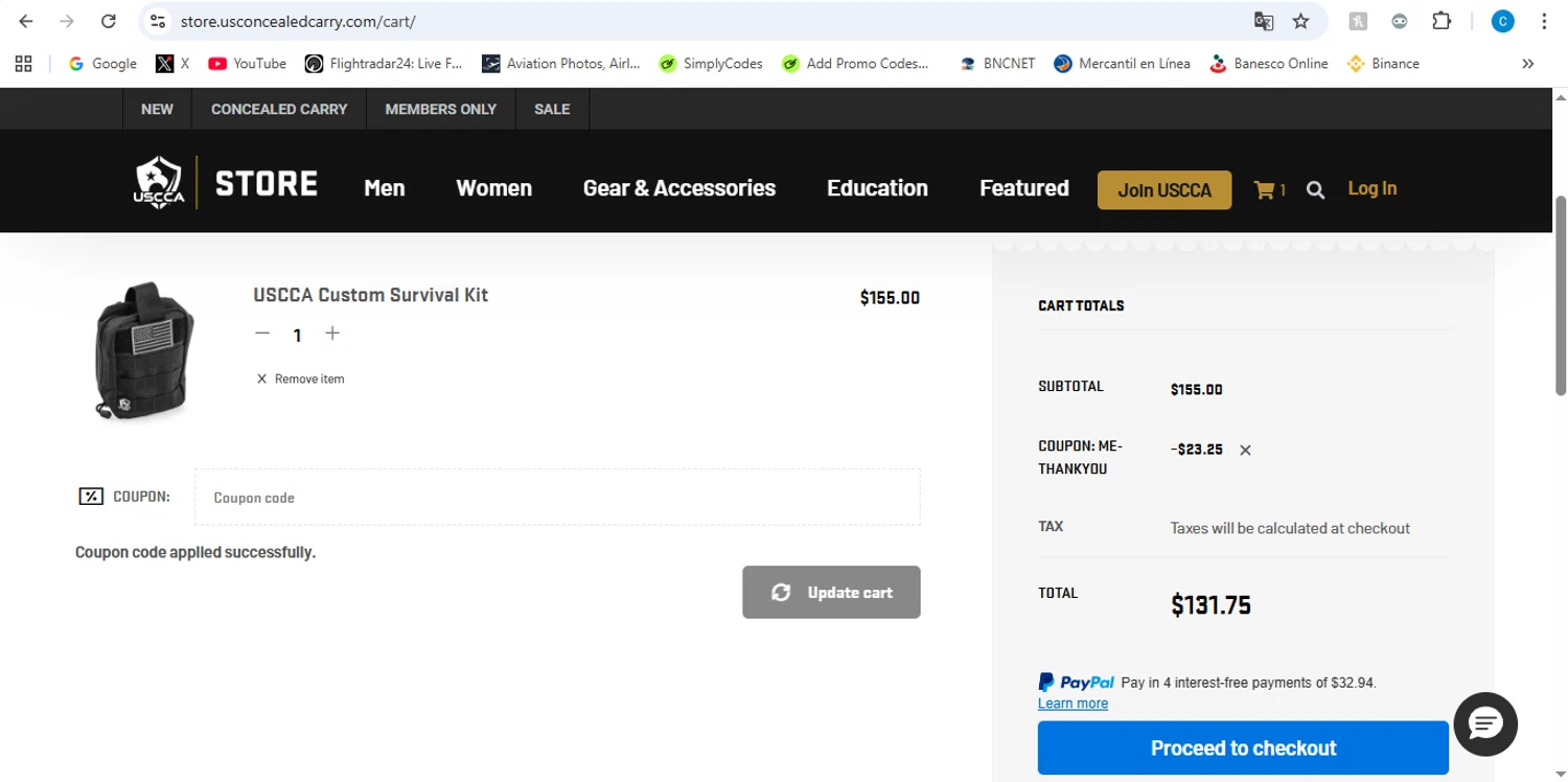 USCCA coupon code screenshot showing code ME-THANKYOU applied at USCCA checkout page. Uploaded by SimplyCodes community member victor on Feb 1, 2026