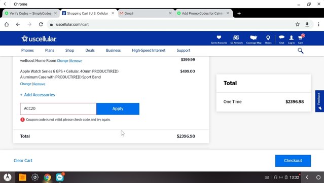 U.S. Cellular checkout page showing U.S. Cellular coupon code box | Screenshot taken by SimplyCodes community member on Jan 5, 2021