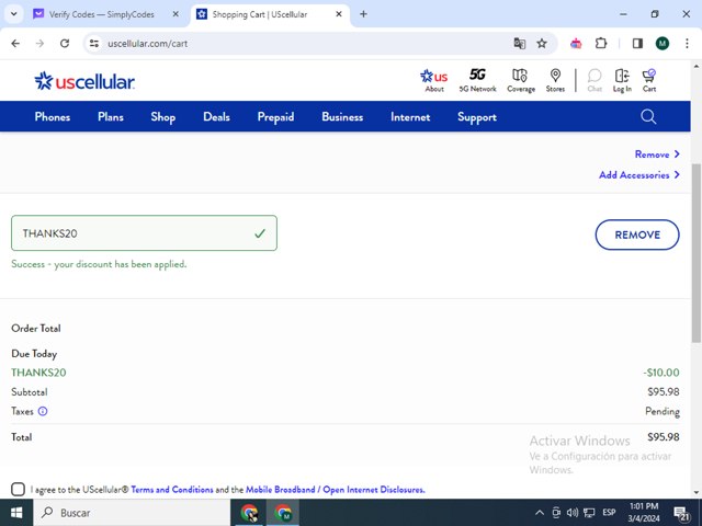 U.S. Cellular checkout page showing U.S. Cellular coupon code box | Screenshot taken by SimplyCodes community member on Mar 4, 2024