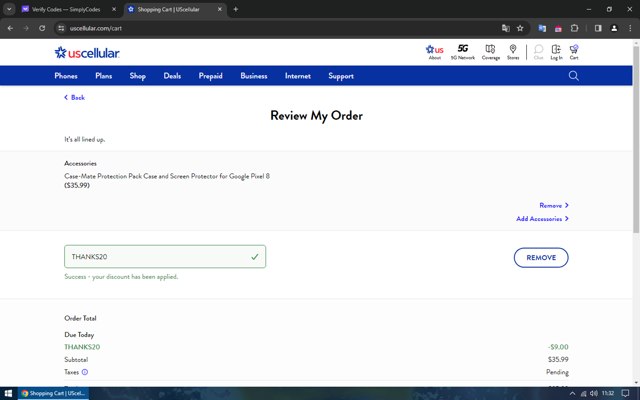 U.S. Cellular checkout page showing U.S. Cellular coupon code box | Screenshot taken by SimplyCodes community member on Feb 24, 2024