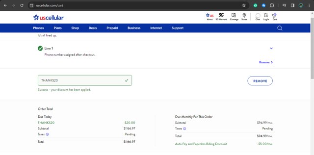 U.S. Cellular checkout page showing U.S. Cellular coupon code box | Screenshot taken by SimplyCodes community member on Jan 2, 2024