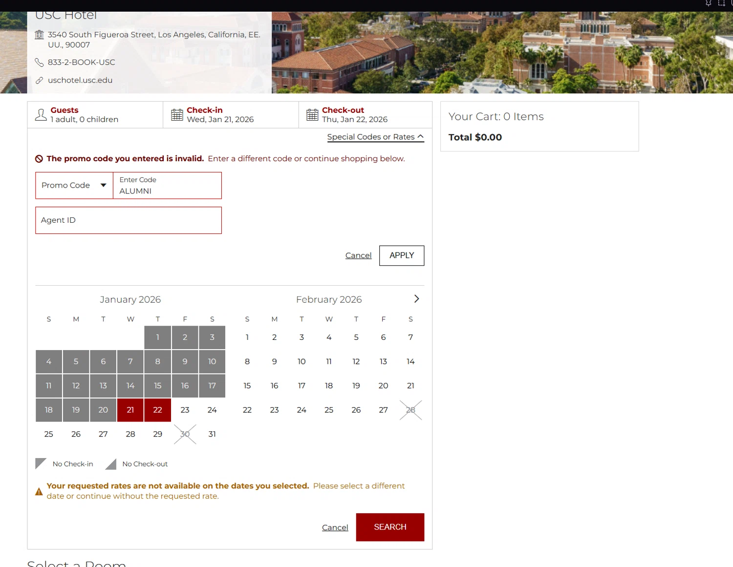 USC Hotel promo code screenshot showing code ALUMNI applied at USC Hotel checkout page. Uploaded by SimplyCodes community member Halanweik on Jan 21, 2026