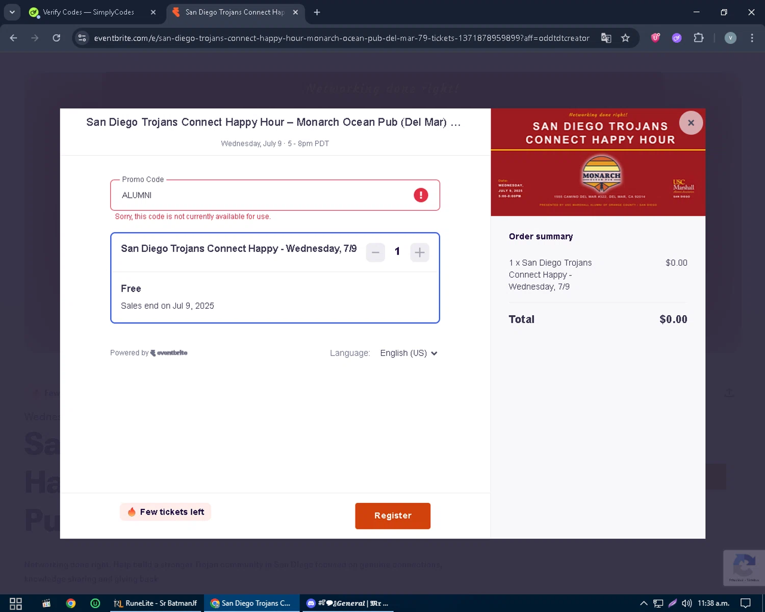 USC Hotel promo code screenshot showing code ALUMNI applied at USC Hotel checkout page. Uploaded by SimplyCodes community member charmander589 on Jul 5, 2025