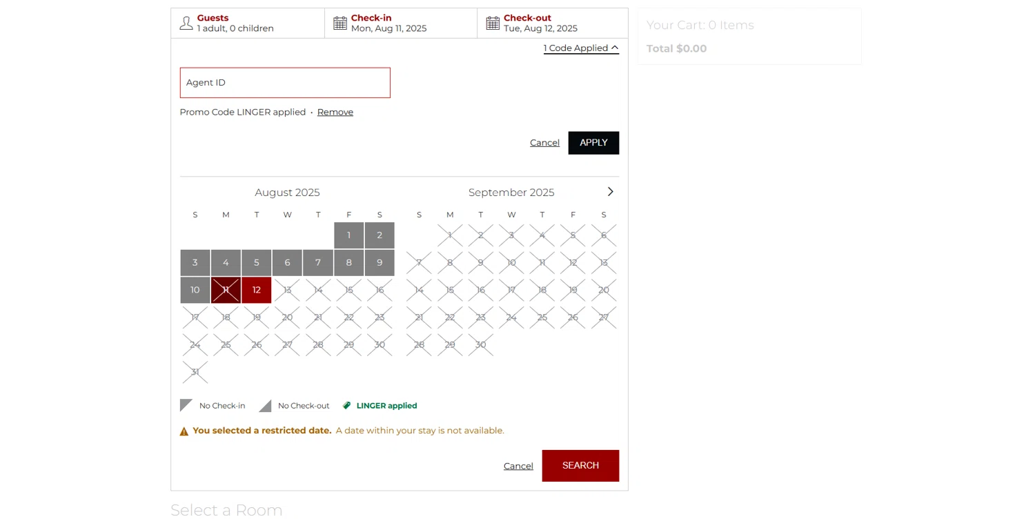 USC Hotel checkout page showing USC Hotel promo code box | Screenshot taken by SimplyCodes community member on Aug 12, 2025