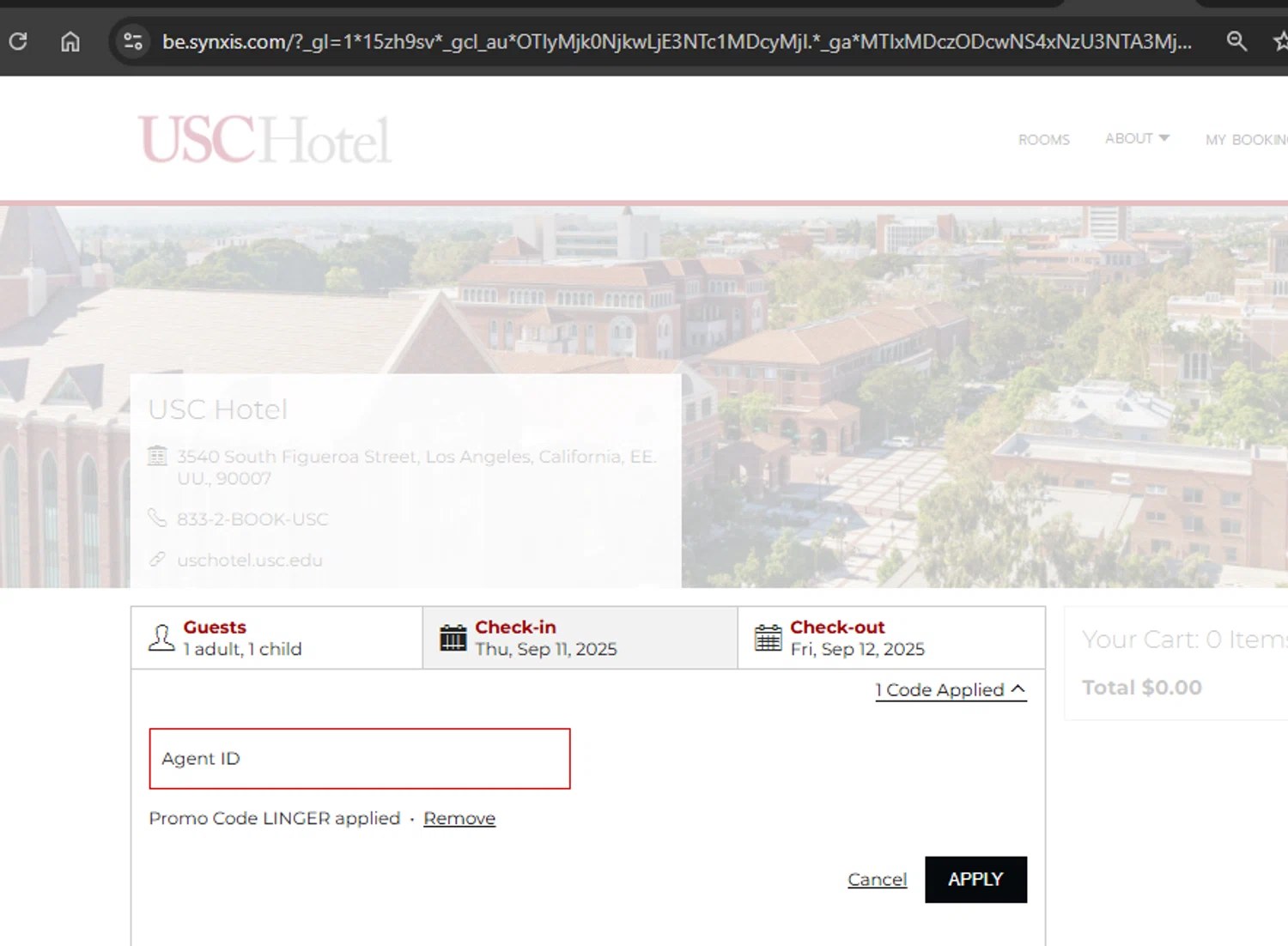 USC Hotel checkout page showing USC Hotel promo code box | Screenshot taken by SimplyCodes community member on Sep 10, 2025