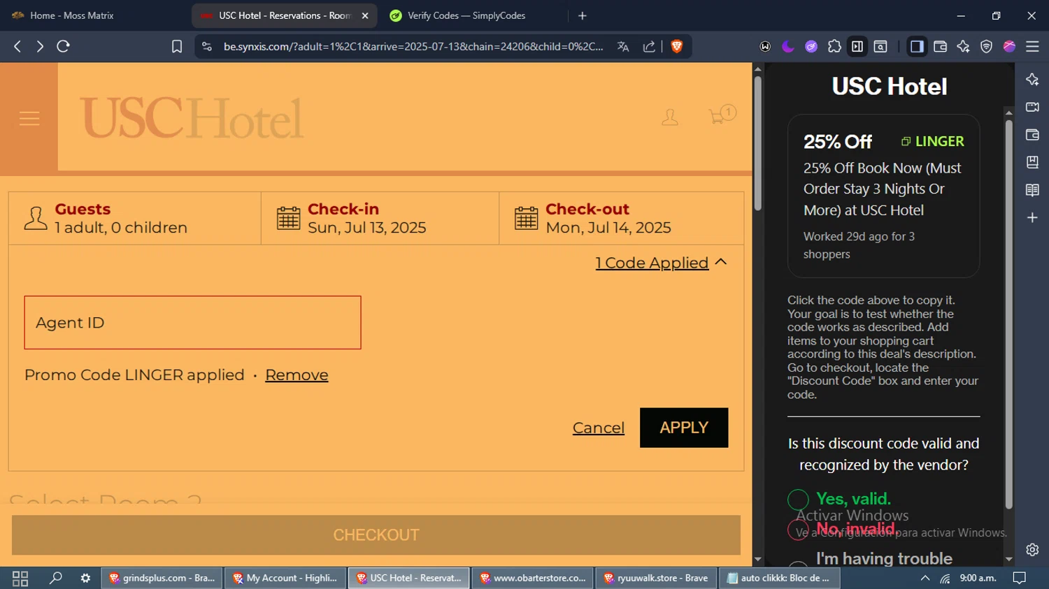 USC Hotel checkout page showing USC Hotel promo code box | Screenshot taken by SimplyCodes community member on Jul 13, 2025